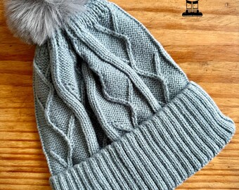 Two Tone Chunky Cable Knit Beanie With Sherpa Lining. Optional