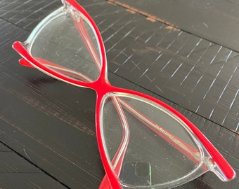 Vintage 1970s Dorothee X made in France butterfly glasses. Red and clear accents. Oversized frame