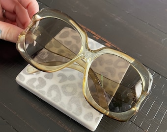 1970s vintage unisex oversized transparent gold sunglasses. Made in France