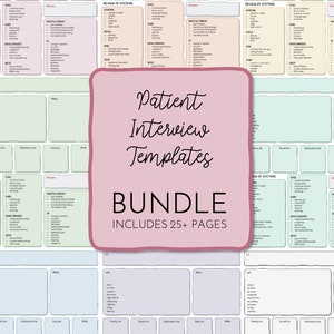 May include: A pink and white printable patient interview template bundle. The bundle includes 25+ pages of templates for medical professionals. The text "Patient Interview Templates" and "Bundle Includes 25+ Pages" is visible on the image.