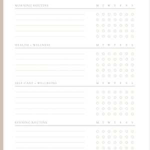 May include: A black and white printable weekly habit tracker with sections for morning routine, health and wellness, self-care and wellbeing, and evening routine. Each section has a grid of circles for tracking habits over a week.