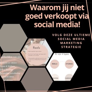 Op de afbeelding: Een roze en grijze grafiek met de tekst "Waarom je niet goed verkoopt via social media!" en "Volg deze ultieme social media marketingstrategie". De grafiek toont vier soorten social media content: Reels, Stories, Carrousels en Rich Pins.