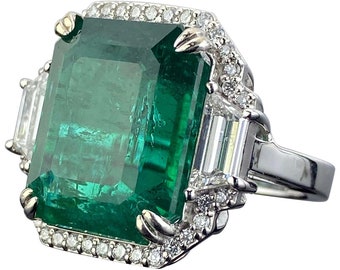 Genuine Certified 21.27 Carat Emerald and Diamond Three Stone Cocktail Ring - Wedding, Engagement, Promise Ring