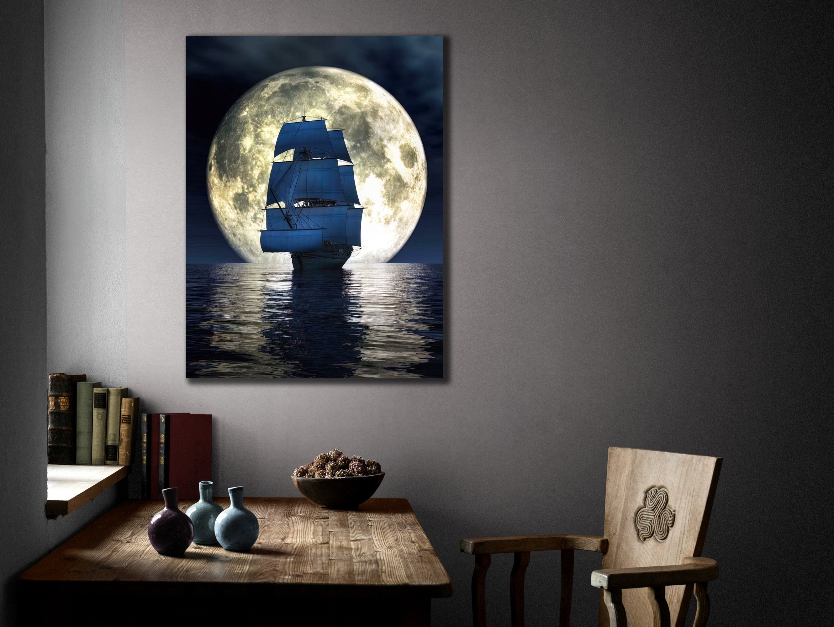 Full Moon&pirate Ship Wall Art Print on Canvas Sailing Ship Etsy