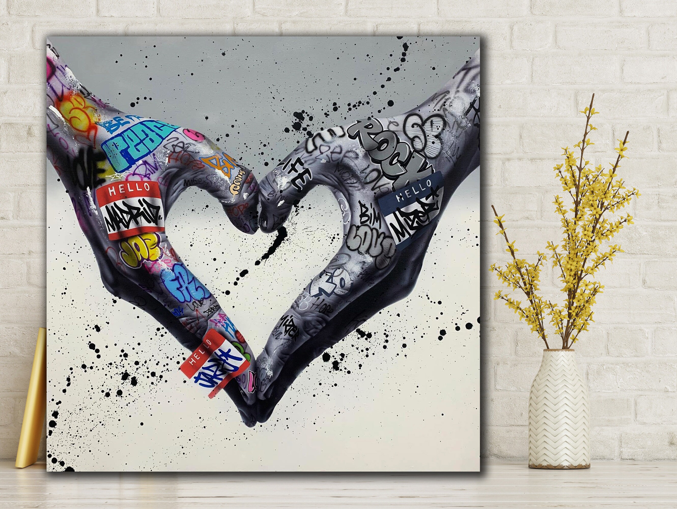 Hands Gesture Heart Graffiti Wall Art Canvas, Banksy Love Hands Painting Framed  Art Posters, Grungle Love Hands, Urban Wall Art Decor - Etsy