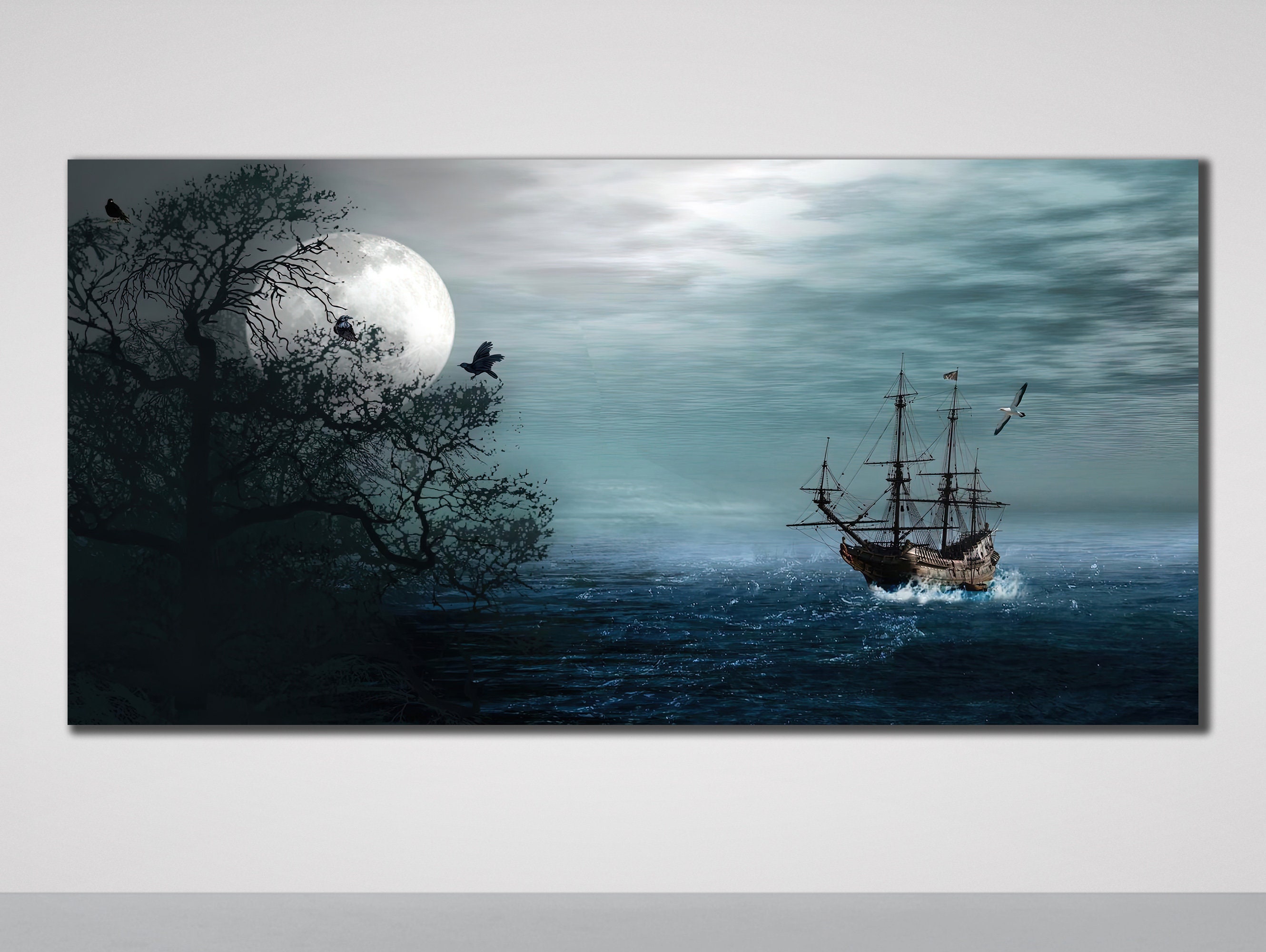 Full Moon&pirate Ship Wall Art Print on Canvas Sailing Ship Etsy