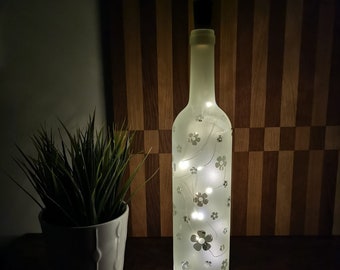 Lámpara de botella, farol, arenada con motivo, iluminación LED con batería.