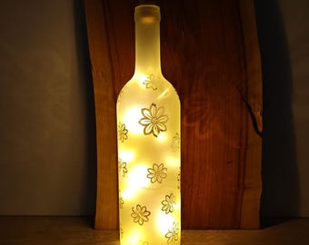 Lámpara de botella, farol, arenada con motivo, iluminación LED con batería.