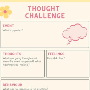 May include: A yellow and pink printable worksheet with the title "Thought Challenge". The worksheet is divided into sections with headings such as "Event", "Thoughts", "Feelings", "Behaviour", "Evidence", "Challenge", and "New Thought". Each section has a space for writing.