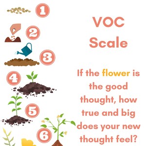 May include: A visual representation of the VOC scale, a tool for measuring the strength of a thought. The scale is illustrated with a flower growing from a seed, with each stage of growth representing a different level of strength. The text reads: "If the flower is the good thought, how true and big does your new thought feel?"