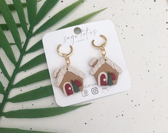 Gingerbread House Hoops - Handmade Polymer Clay Earrings
