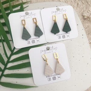 Horizontal Lined Christmas Tree Dangles - Handmade Polymer Clay Earrings