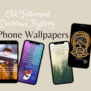 May include: Four phone wallpapers with Old Testament scripture verses and illustrations. The wallpapers feature a forest scene, a man holding a book, a man holding a child, and a golden outline of a face.