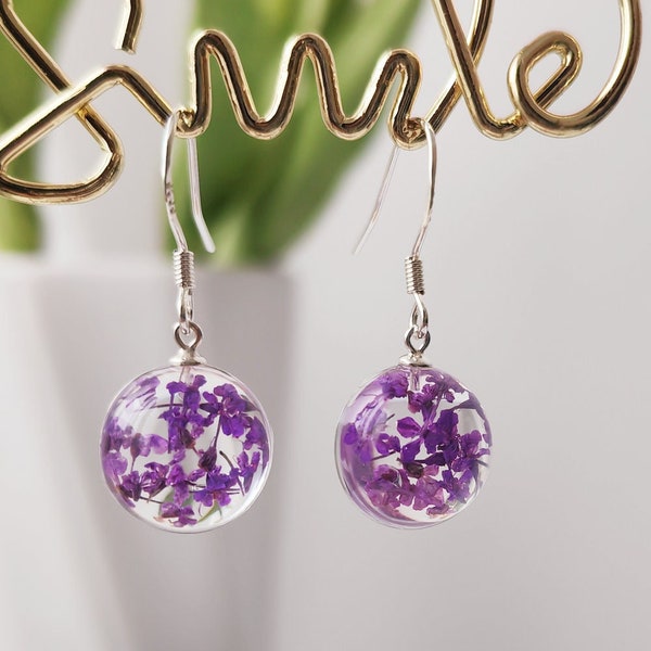 Purple Flower Drop Dangle Earrings Dried Real flowers Baby's Breath Resin Jewellry Unique Gift