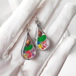Real dried flowers Drop dangle earrings Sterling silver Earring Resin colorful Gift
