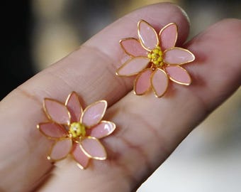Cherry Blossom Flower Earrings Studs,Pink Sakura Earrings Earrings Handmade Spring Jewellry