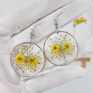 Yellow Pressed Real Flower Earrings Dot forget me not Earrings Botanical White Baby&#39;s Breath bridesmaid gift