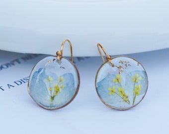Blue Hydrangea Earrings Drop Dangle earrings Real Dried yellow flower Earrings Gift for mom