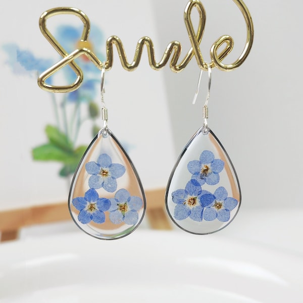 Real Forget Me Not Dangle Drop Earrings Resin Flower Jewellery S925 Silver Earring Bridesmaids gift