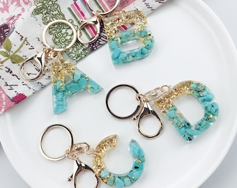 Turquoise Glitter keychain gold foil Keyring Letter E Key Chain - Letter Name Keychain Gift