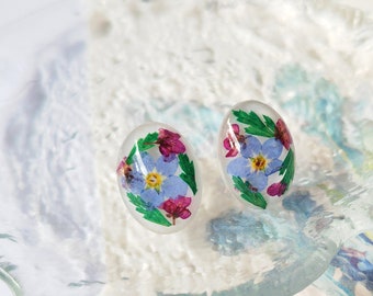 Pressed Forget-Me-Not Flower Stud Earrings, Hypoallergenic Posts