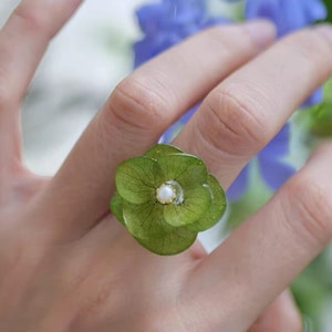 Bague hortensia véritable, bague fleur pressée, bague hypoallergénique, bijoux botaniques, cadeau de Noël fleurs séchées