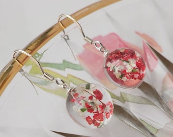 Dangle Drop Earrings Pink White Flower Resin Earring Round 925 sterling silver Earring