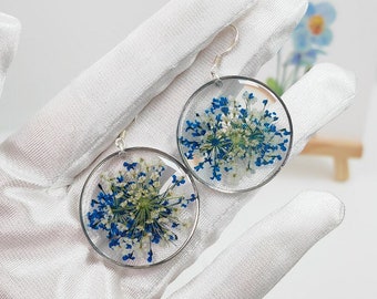 Blue Pressed Real Flower Drop Earrings Resin Botanical Jewellery wedding bridesmaid gift