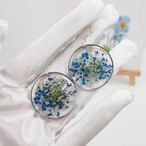 Blue Pressed Real Flower Drop Earrings Resin Botanical Jewellery wedding bridesmaid gift