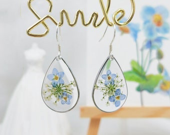 Real Forget Me Not Drop Earrings Dried flower Dangle Blue & White Earring Bridesmaid Gift Wedding Jewellry