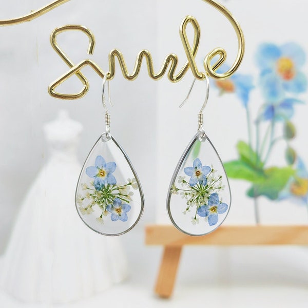 Real Forget Me Not Drop Earrings Dried flower Dangle Blue & White Earring Bridesmaid Gift Wedding Jewellry