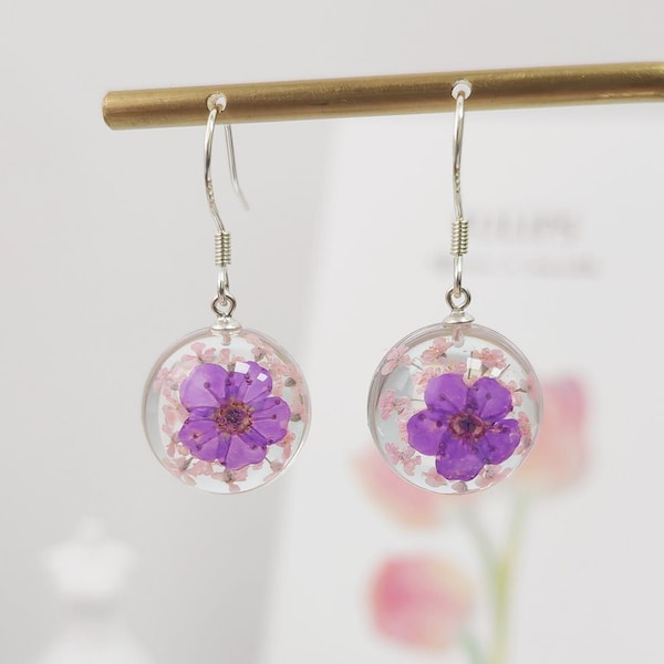 Purple Real Flower Drop Earrings Purple Forget-me-not Flower Dangle resin Earring bridesmaid gift