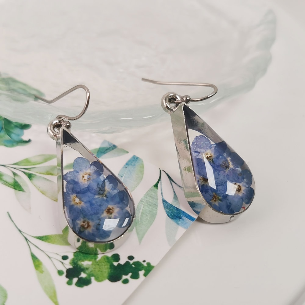 Flower Earrings dangle forget me not earrings real floral earrings pressed flower earrings