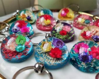 Handmade Dried Real Flowers Key Ring 3D Round Resin Flower Key rings