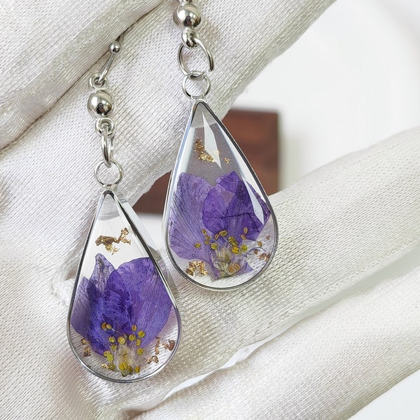 Real Purple Swallows Drop Earrings Dried flower gold foil Dangle Purple Earring Bridesmaid Gift