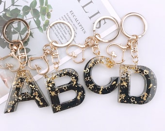 Black Resin Key ring gold foil Star Glitter Personalised Key Chain Letter Name Keychain graduation gift