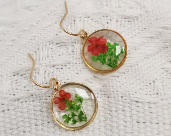 Pressed Red Flower Resin Earrings, Handmade Drop Dangle Jewelry