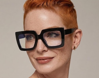 Grandes lunettes de lecture carrées | Lunettes de vue noires anti-lumière bleue | Lunettes d'ordinateur design de luxe rétro | Lunettes transparentes