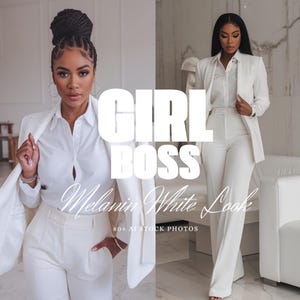 Può includere: Due donne che indossano abiti bianchi e camicie bianche. Il testo "GIRL BOSS Melanin White Look 80+ AI STOCK PHOTOS" è sull'immagine.