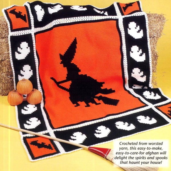 INSTANT DOWNLOAD PDF Vintage Crochet Pattern for Halloween Witch on Broomstick Afghan Ghosts Bats Trick or Treat Throw Blanket Bedspread