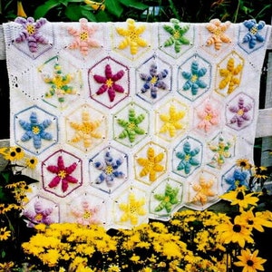 INSTANT DOWNLOAD PDF Vintage Crochet Pattern  Floral Hexagon Rolled Petal Afghan  Throw Blanket Bedspread Cover  Raised Flowers Motif