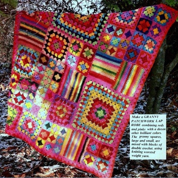 INSTANT DOWNLOAD PDF Vintage Crochet Pattern for Granny Squares Sampler Afghan Throw Blanket Lap Robe Squares 5 Motifs Stripes Stashbuster