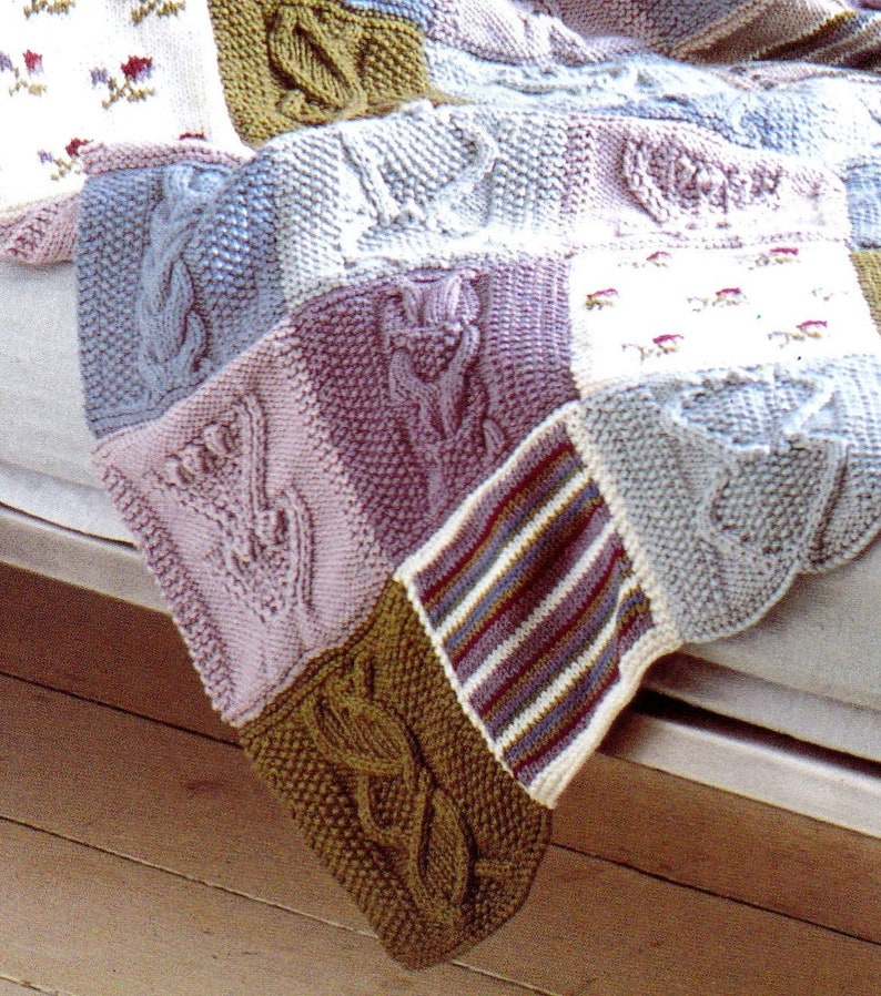 RETIREMENT SALE *** Knitting Pattern Cotton Patchwork Throw Blanket Afghan Bedspread Cable Floral Heart Squares Sampler DK Vintage image 3