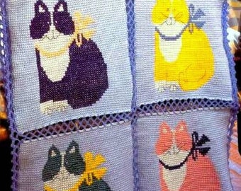 RETIREMENT SALE *** Vintage Crochet Cross Stitch Pattern Cat Afghan  Kitten Kitty Kitties Throw Blanket Bedspread Pet Blanket