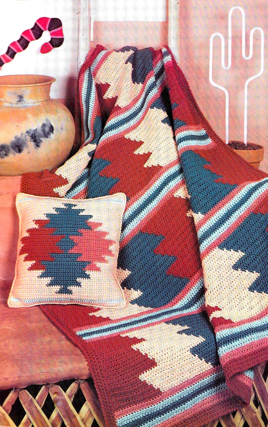 Vintage Crochet Pattern Native American Indian Blanket Kelim Afghan