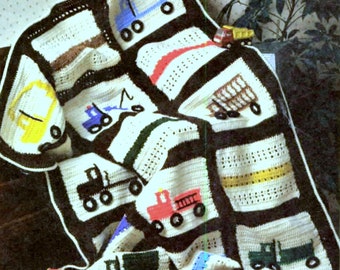 Vintage Crochet Pattern Truck Afghan Baby Cot Blanket Bedspread Throw Fire Engine Lorry Van Boys Keep Warm this Winter