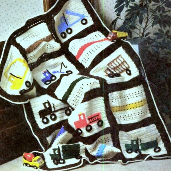 Vintage Crochet Pattern Truck Afghan Baby Cot Blanket Bedspread Throw Fire Engine Lorry Van Boys Keep Warm this Winter