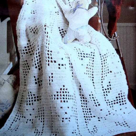 RETIREMENT SALE *** Vintage Crochet Pattern  Teddy Bear Filet Baby Afghan   Baby Cot Blanket Bedspread Throw Pram Cover Baptism  Baby Shower