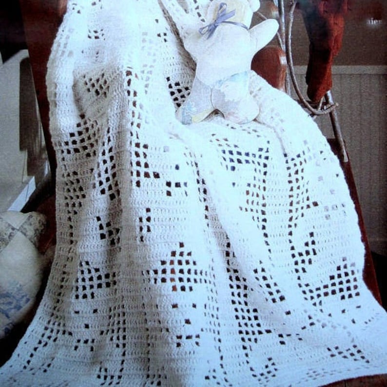 RETIREMENT SALE *** Vintage Crochet Pattern Teddy Bear Filet Baby Afghan Baby Cot Blanket Bedspread Throw Pram Cover Baptism Baby Shower image 1