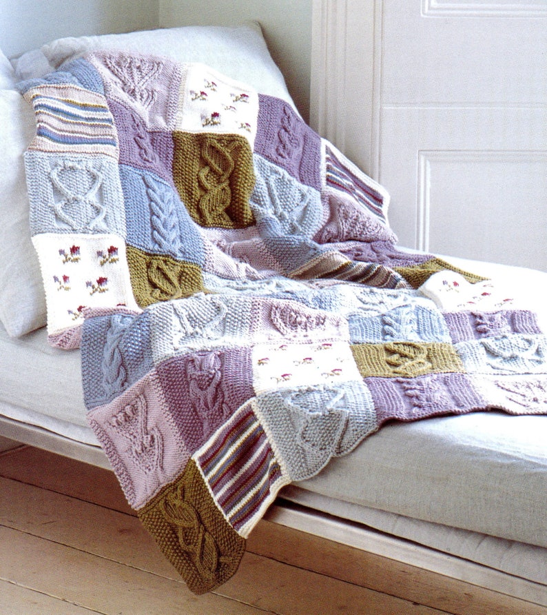 RETIREMENT SALE *** Knitting Pattern Cotton Patchwork Throw Blanket Afghan Bedspread Cable Floral Heart Squares Sampler DK Vintage image 1